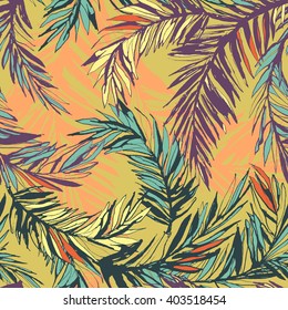 Vector illustration Tropical jungle floral seamless pattern with palm beach leaves. Textured ink splatter grunge style background.