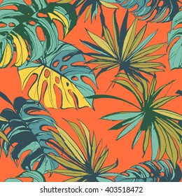 Vector illustration Tropical jungle floral seamless pattern with monstera palm beach leaves. Textured ink splatter grunge style background.