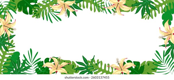 Vector illustration of tropical jungle, horizontal, banner template. Summer design. Monstera, hibiscus, bird of paradise flowers, tropical plants. Summer aloha illustration