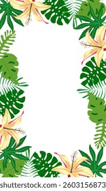 Vector illustration of tropical jungle, horizontal, banner template. Summer design. Monstera, hibiscus, bird of paradise flowers, tropical plants. Summer aloha illustration	
