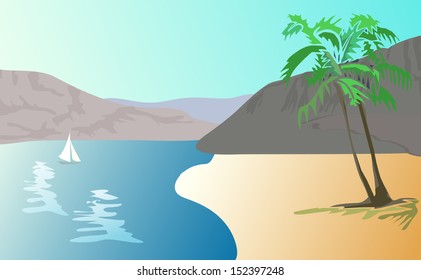 Vector illustration  of tropical landscape -    beach with palm trees.