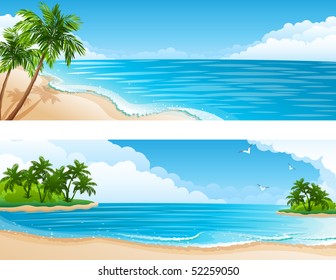 Vector illustration - Tropical landscape with beach, sea and palm trees