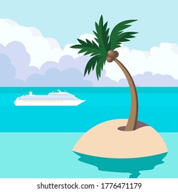 Vector illustration of tropical landscape :  blue warm sea , sky, clouds, island with coconut palm tree and white cruise ship. Flat design for card , poster, flyer about summer vacation , tourism