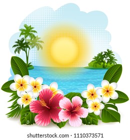 Vector illustration - tropical landscape with flowers