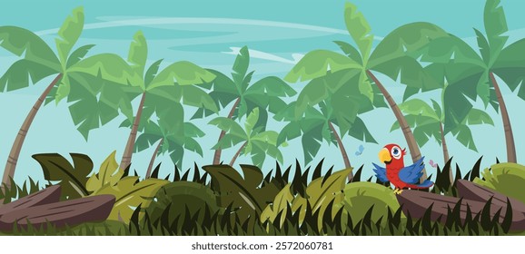 Vector illustration of a tropical landscape with palm trees. Cartoon scene of tall palm trees with thin trunks, plants, leaves, bushes, grass, stones, bright parrot, pink and blue butterflies, sky.