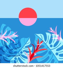 Vector illustration of a tropical landscape with sun and exotic plants. Template for advertising travel around the world.