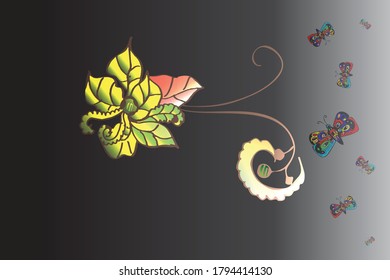 vector illustration of a tropical leaf with colorfull butterfly. Artistic brush stokes create a layered botanical illustration of a palm