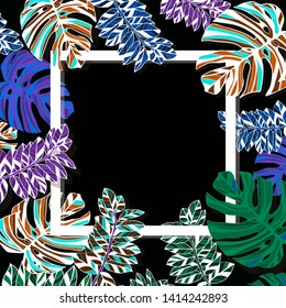 Vector illustration of a tropical leaf and monster leaf with a square in the middle