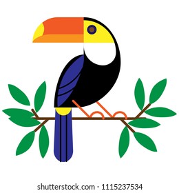 Vector illustration with tropical leaves and bird toucan on a branch.Exotic Bird Isolated on White Background. 