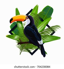 Vector illustration with tropical leaves and bird toucan on a branch on transparent background. Nature wallpaper illustration 