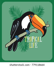 Vector illustration with tropical leaves and bird toucan on a branch  