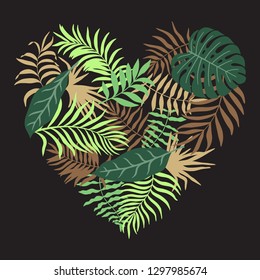 Vector illustration with tropical leaves drawn in the shape of a heart