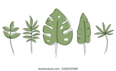 Vector illustration of tropical leaves drawn in one line