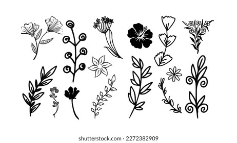 Vector illustration tropical leaves and flower silhouette isolated on white background.
