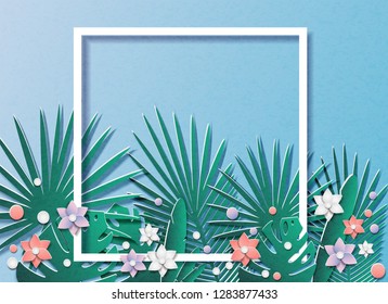 Vector illustration of a lot of tropical leaves and flowers. In the style of cut paper. In the middle of the frame for text.