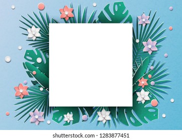Vector illustration of a lot of tropical leaves and flowers. In the style of cut paper. In the middle is a place for text.