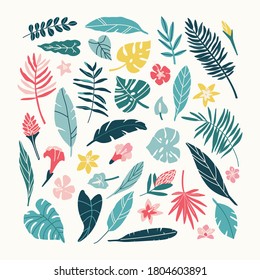 Vector illustration of tropical leaves and flowers in blue, green, pink and yellow colours.