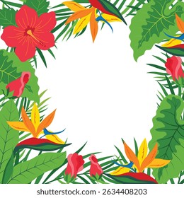 vector illustration with tropical leaves and flowers frame on white background, green plants, exotic leaves, strelitzia and hibiscus for greeting design