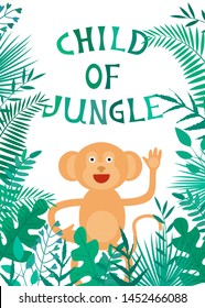 Vector illustration with tropical leaves and monkey on white background. For poster in nursery, template for greeting card, party invitation, design children t-shirt print.