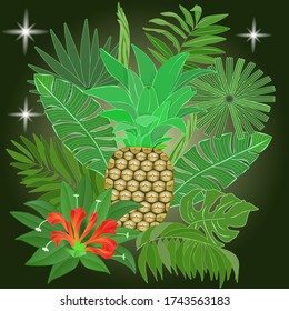 Vector illustration tropical leaves and pine-apple and red flowers.