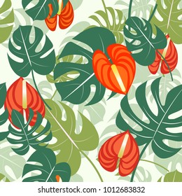 Vector illustration with tropical leaves. Seamless tropical pattern with stylized monstera leaves and flowers. Use for interior prints, textile prints, t-shirt prints, cards