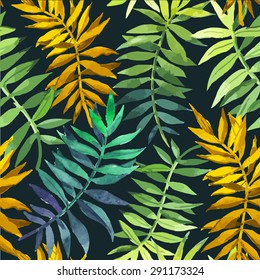 Vector illustration with tropical leaves. Seamless floral background. Watercolor green pattern with palm. Handmade painting on a black background.