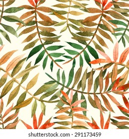 Vector illustration with tropical leaves. Seamless floral background. Watercolor green pattern with palm. Handmade painting on a white background.