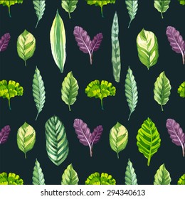 Vector illustration with tropical leaves. Seamless floral background. Watercolor green pattern with. Handmade painting on a black.