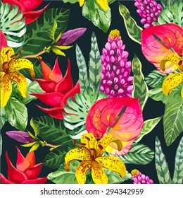 Vector illustration with tropical leaves. Seamless floral background. Watercolor green pattern with yellow palm. Handmade painting on black background.