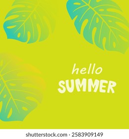 Vector illustration with tropical leaves and text “Hello Summer” on bright yellow background. Suitable for seasonal promotions, vacation themes and social media graphics.