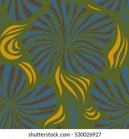 Vector illustration. Tropical with many green, brown and blue hibiscus flowers. Green, brown and blue vector.