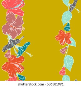 Vector illustration. Tropical with many yellow, pink and blue hibiscus flowers and copy space (place for your text). Yellow, pink and blue vector.