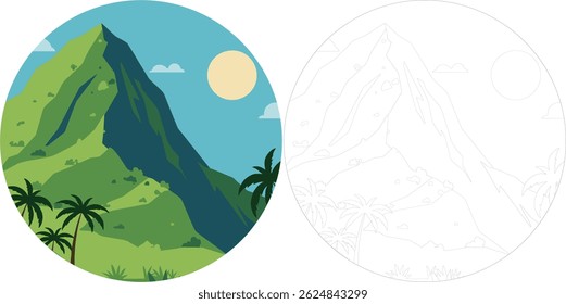 Vector illustration of a tropical mountain landscape with a colorful version and an outline version for coloring. Perfect for educational content, children’s books, or outdoor-themed designs.