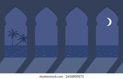 Vector illustration of a tropical night sea view through arched windows with palm trees and crescent moon. Calm coastal landscape in flat minimal style