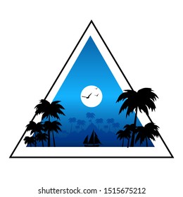 vector illustration of tropical ocean in the night, palm trees and ship silhouette