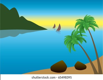vector illustration of tropical palm beach near the ocean in the morning