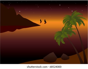 vector illustration of tropical palm beach near the ocean at sunset