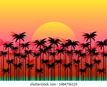 vector illustration of tropical palm forest under pink sunset sky