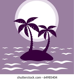 vector illustration of tropical palm island in moon or sun light