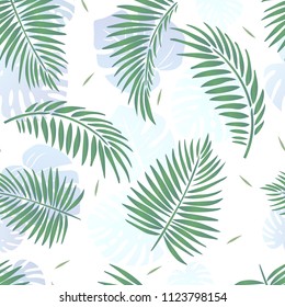 Vector illustration of tropical palm leaves. Seamless floral pattern background.