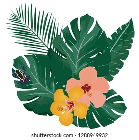 vector illustration of tropical palm leaves, flowers and poison dart frog background. nature abstract. 