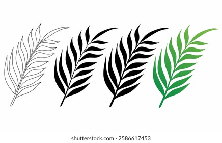 Vector illustration of tropical palm leaves in different styles: outline, solid black, and gradient green. Perfect for botanical, nature, and decorative designs.