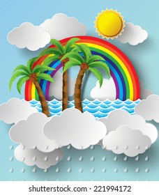 vector illustration tropical palm on clouds rainbow.paper art style.