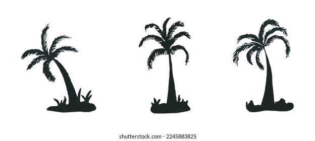 Vector illustration of tropical palm trees silhouettes collection on isolated white background. Vacation and travel concept.