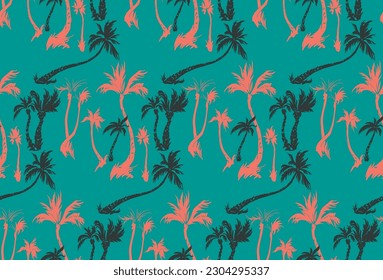 Vector illustration tropical palm trees seamless trendy pattern. Tropical pattern with sketchy vintage palm trees. Hand drawn vector illustration.