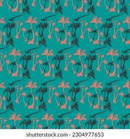 Vector illustration tropical palm trees seamless trendy pattern. Tropical pattern with sketchy vintage palm trees. Hand drawn vector illustration.