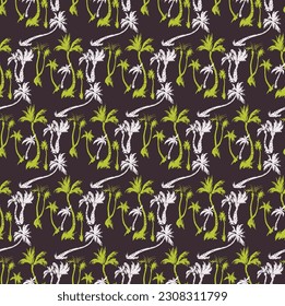 Vector illustration tropical palm trees seamless trendy pattern. Tropical pattern with sketchy vintage palm trees. Hand drawn vector illustration.
