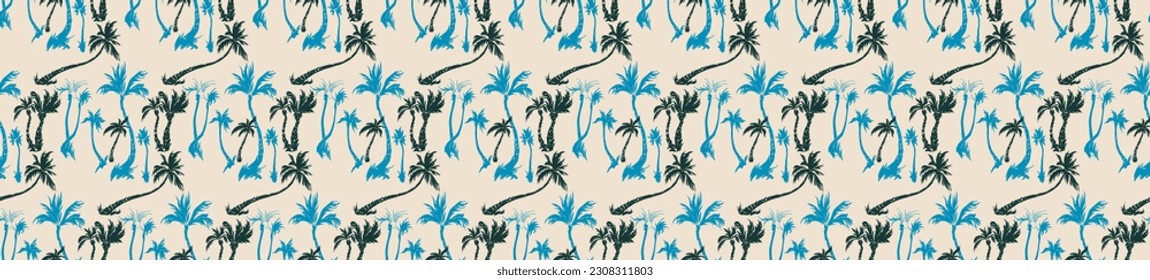 Vector illustration tropical palm trees seamless trendy pattern. Tropical pattern with sketchy vintage palm trees. Hand drawn vector illustration.