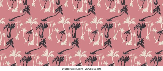 Vector illustration tropical palm trees seamless trendy pattern. Tropical pattern with sketchy vintage palm trees. Hand drawn vector illustration.