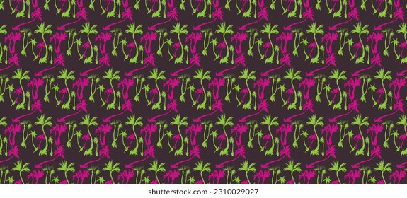 Vector illustration tropical palm trees seamless trendy pattern. Tropical pattern with sketchy vintage palm trees. Hand drawn vector illustration.